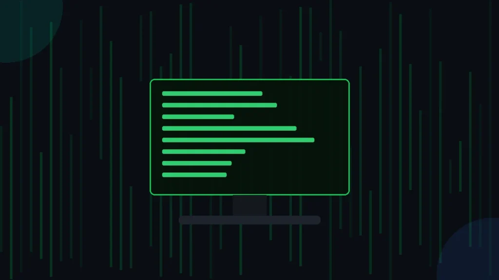 A glowing green terminal on a monitor and desk, a hacker screen setup