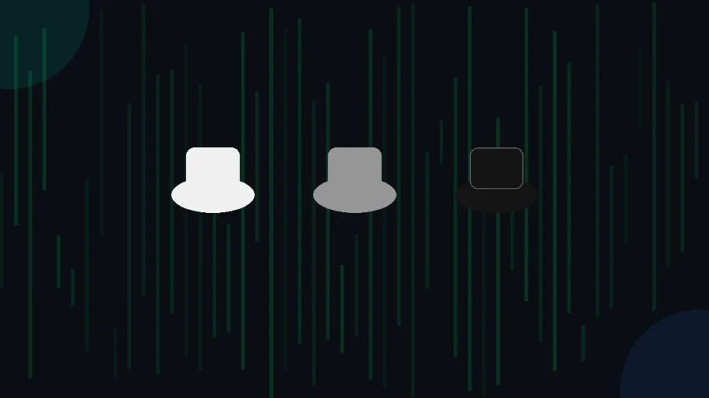 White, grey, and black hats representing types of hackers on a dark code background