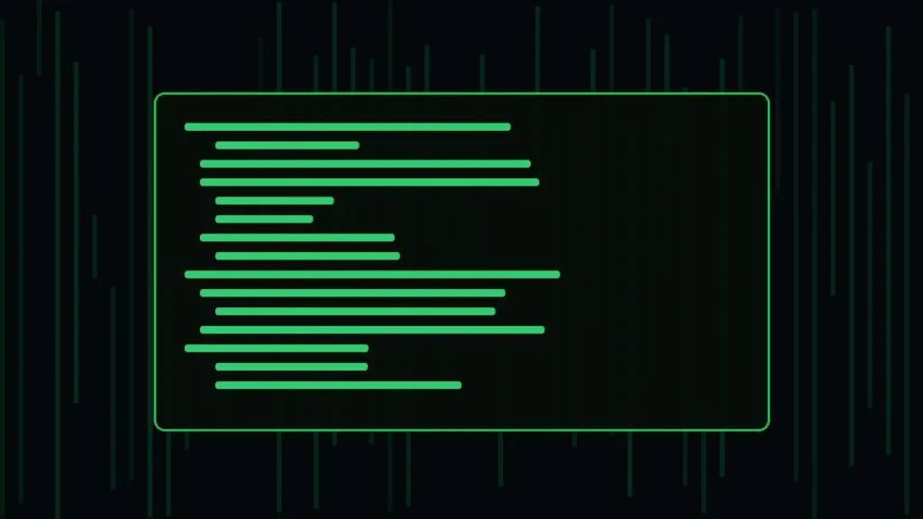A dark code window filled with lines of green fake code