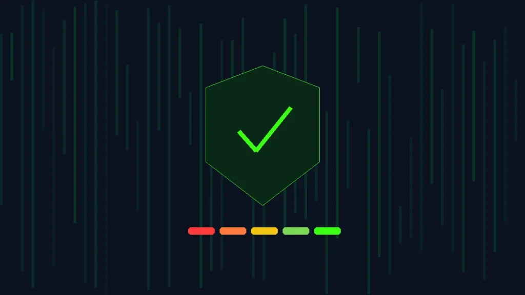A green shield with a check mark above a red to green strength meter