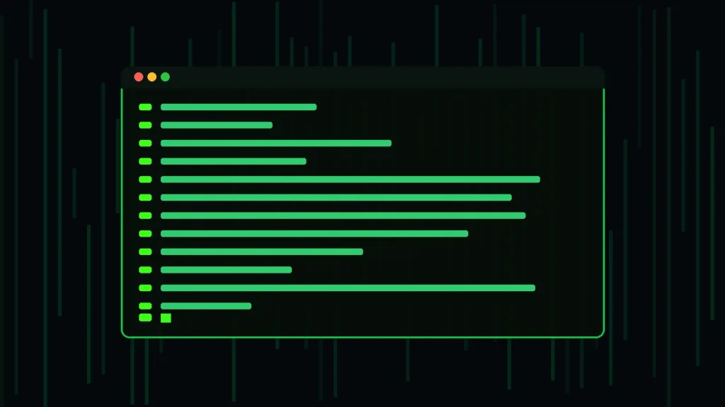 A fake hacker terminal window with a green prompt and lines of command output